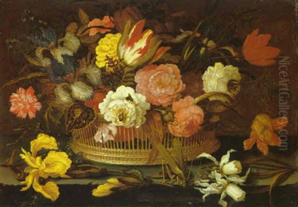 A Still Life Of Flowers In A Wicker Basket On A Stone Ledge - view 1