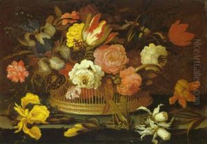 A Still Life Of Flowers In A Wicker Basket On A Stone Ledge by Balthasar Van Der Ast