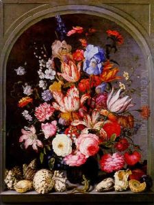 Tulips, Roses, Carnations, Irises, Lilies, Snowdrops And Other Flowers In A Glass Vase In A Niche With A Lizard And Shells