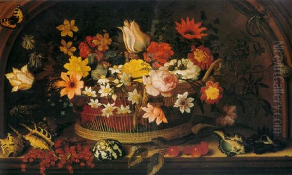 Flowers In A Wicker Basket With Shells, Cherries, Red Currants, A Grasshopper, Spiders, A Butterfly, A Dragonfly, And A Snail - view 1