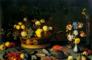 A Basket Of Grapes And Other Fruit In A Basket, Cherries On A Delft Plate, Tulips, An Iris And Other Flowers In A Small Wan-li Vase by Balthasar Van Der Ast