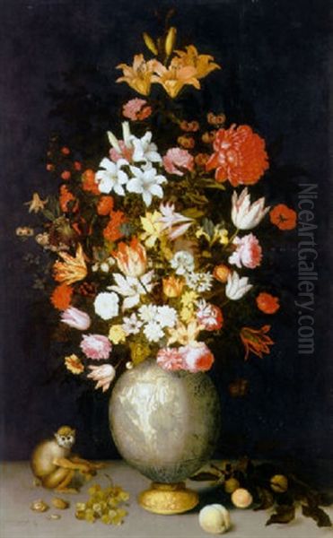 Lilies, Roses, Irises, Tulips, Narcissi, Carnations And Other Flowers In A Chinese Celadon Ormulu-mounted Vase On Ledge - view 1
