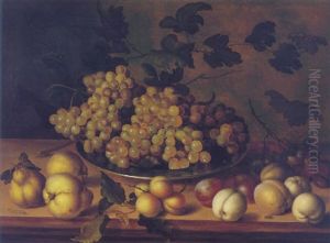 Still Life Of Pears, Peaches And Apricots Together With Grapes In A Pewter Dish Upon A Wooden Ledge