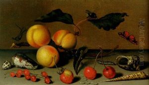 Apricots On A Stalk, Cherries, A Wild Strawberry And Other Fruit, A Butterfly, A Spider, A Bee And Other Insects On A Ledge