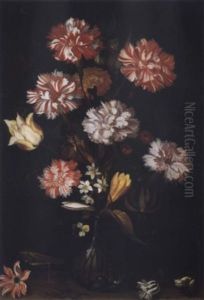 A Still Life Of Carnations, A Tulip And Other Flowers In A Glass Vase With A A Snail, A Grasshopper And Other Insects On A Stone Ledge by Balthasar Van Der Ast