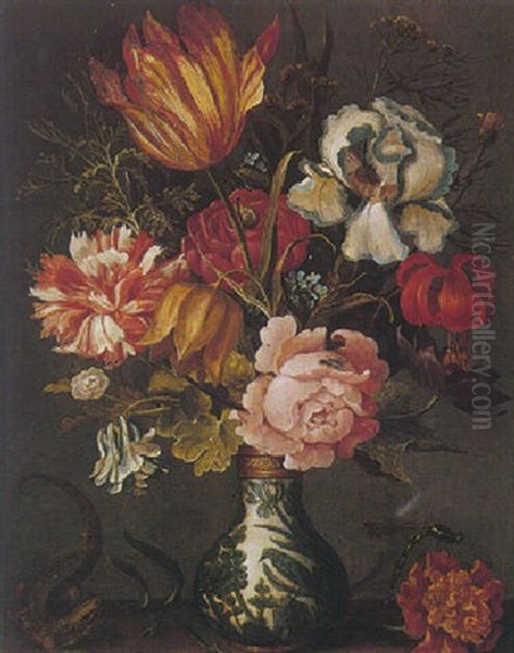 Still Life Of Various Flowers In A Porcelain Vase, With A Lizard - view 1