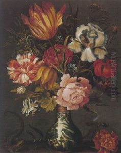 Still Life Of Various Flowers In A Porcelain Vase, With A Lizard