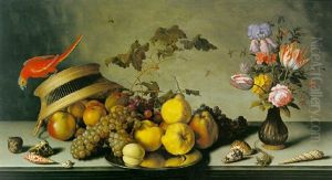 A Still Life Of Fruit On A Pewter Plate, A Parrakeet Perched On A Basket, A Vase Of Various Flowers, Various Shells And A Lizard, On A Ledge by Balthasar Van Der Ast