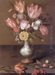 A Still Life Of Tulips, Roses, Irises, Anemones And Other Flowers In A Wan-li-kraak Vase On A Stone Ledge