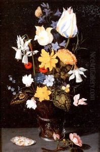 Bouquet De Fleurs Dans Un Vase En Verre by Balthasar Van Der Ast