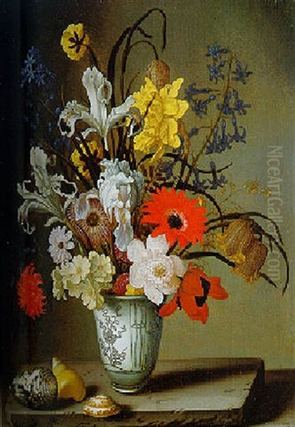 Dahlias, Irises, Carnations, Forget-me-nots And Other Flowers In A Porcelain Vase With Shells - view 1