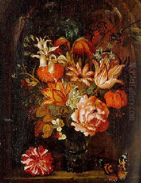 Tulips, Roses, Poppies And Other Flowers In A Roemer On A Ledge - view 1