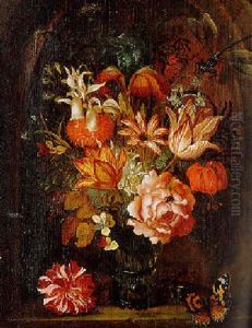 Tulips, Roses, Poppies And Other Flowers In A Roemer On A Ledge