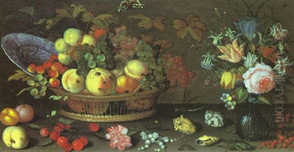 Still Life Of Fruit And Wan-li Dish In A Basket, Vase Of Flowers, With Shells, Insects, Arranged Upon A Ledge - view 1