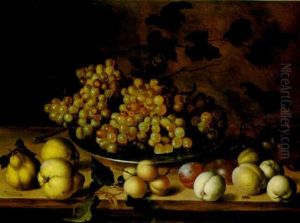 A Still Life With Pears, Peaches And Grapes On A Pewter Plate On A Wooden Ledge thumbnail