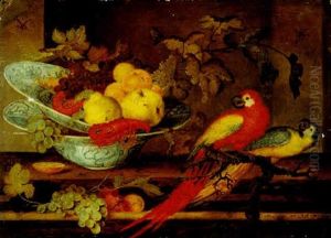 Still Life Of Fruit And Crayfish In Two Blue And White Porcelain Bowls An A Ledge, With Two Parrots On A Branch by Balthasar Van Der Ast