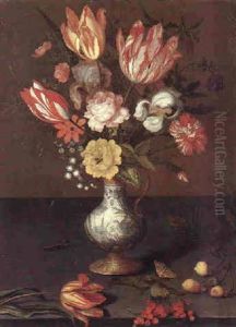 Still Life Of Flowers In A Wan Li Kraak Vase With Strawberries And A Moth On A Stone Ledge