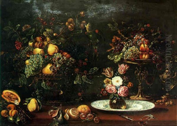 Still Life, Parakeet On A Branch, Flowers, Fruit And Lizard On A Table - view 1