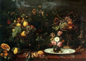 Still Life, Parakeet On A Branch, Flowers, Fruit And Lizard On A Table by Balthasar Van Der Ast