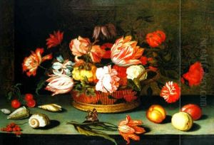 Stilleben Auf Einem Steintisch Mit Blumen In Einem Flechtkorb, Fruchten, Muscheln Und Schmetterling