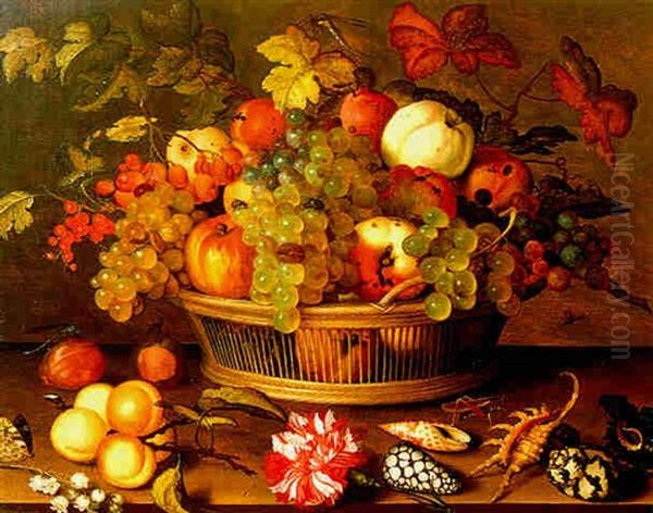 Still Life Of Fruit In A Basket With Flowers And Shells Resting On A Table - view 1