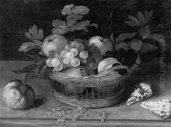 Apples And Grapes In A Basket Resting On A Table With Shells And Other Fruit - view 1
