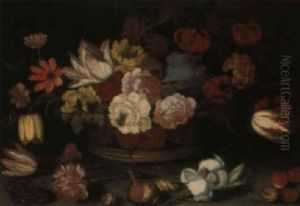 Still Life Of Flowers In A Basket, With Cherries, Shells And Insects
