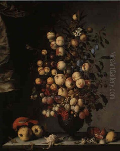 Still Life Of Fruit In An Urn, With Shells, A Parrot And Insects On A Ledge - view 1