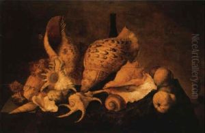 Shells, A Bottle And Quinces On A Draped Table by Balthasar Van Der Ast
