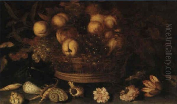 A Basket Of Fruit With Flowers, Seashells And Insects Arranged On A Ledge - view 1