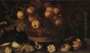 A Basket Of Fruit With Flowers, Seashells And Insects Arranged On A Ledge by Balthasar Van Der Ast