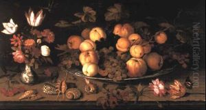 Fruit On A Dish, Flowers In A Vase, And Other Objects On A Stone Ledge by Balthasar Van Der Ast