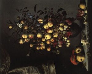 Nature Morte Au Bouquet De Fruits Das Un Vase, Coquillages Et Perroquet