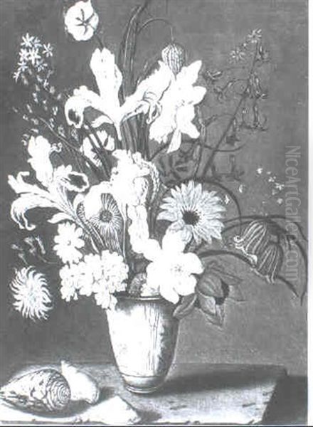 A Still Life Of Flowers With Some Shells Arranged On A Ledge - view 1