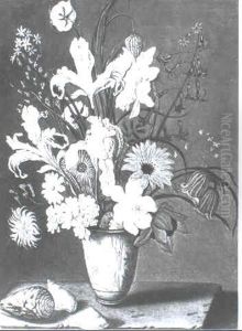 A Still Life Of Flowers With Some Shells Arranged On A      Ledge
