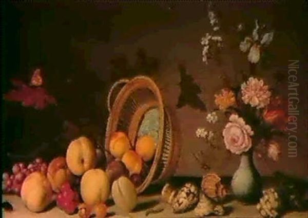 A Still Life Of Flowers In A Porcelain Vase, Seashells And  An Overturned Basket Of Fruit - view 1