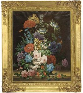 Summer Flowers In An Urn, With Butterflies