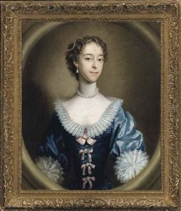 Portrait Of A Lady, In A Blue Dress With Lace Cuffs And Collar, Pink Ribbons And A Pearl Necklace And Earrings, In A Sculpted Oval