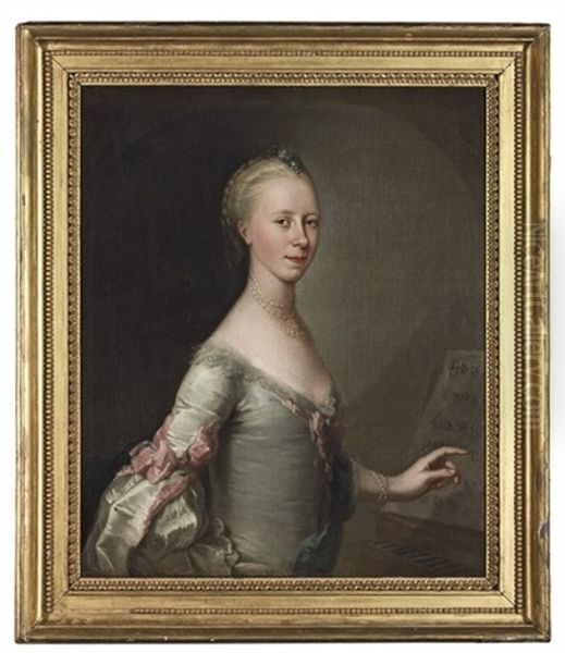 Portrait Of A Lady In A Pale Grey Dress With Pink Ribbons - view 1