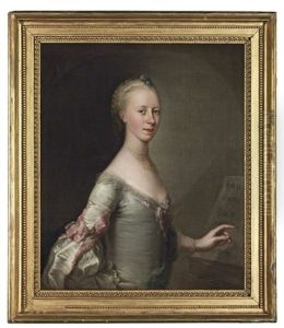 Portrait Of A Lady In A Pale Grey Dress With Pink Ribbons by John Astley