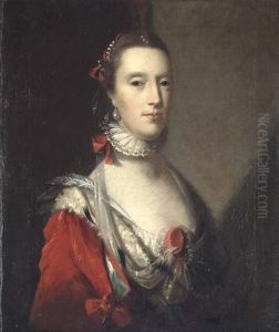 Portrait Of A Lady In An Elaborate Red Dress With Ermine Trim, A White Lace Ruff, And Pearls In Her Hair
