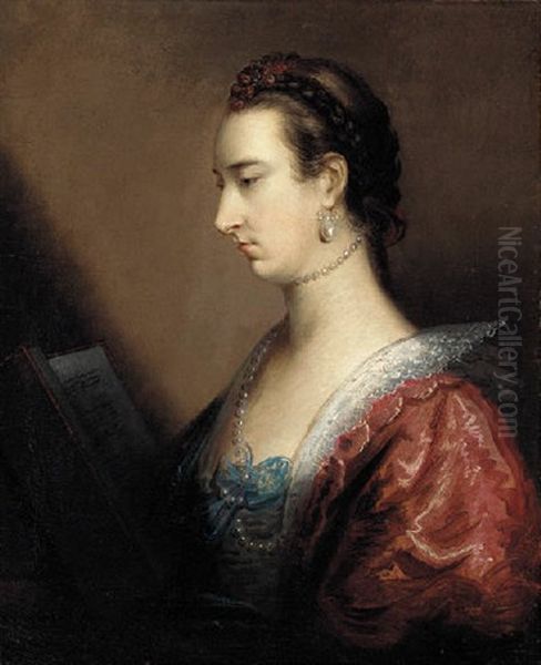 Portrait Of A Lady In A Red Dress, Reading A Book - view 1