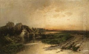 A Fisherman In A Boat In An Evening Landscape by Nicolai Von Astudin