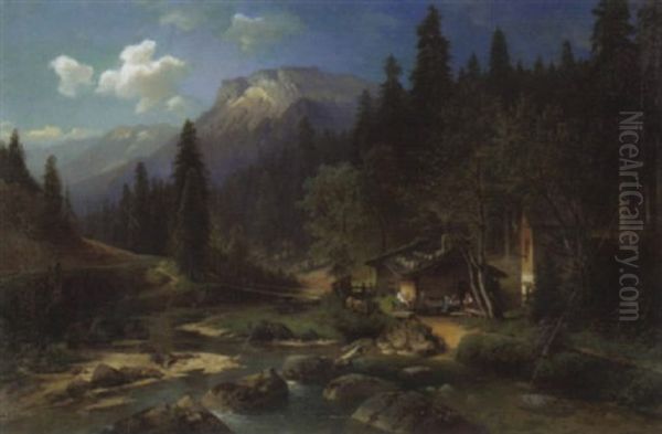 Romantische Abendlandschaft Mit Sennerhutte Am Bach - view 1