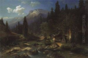 Romantische Abendlandschaft Mit Sennerhutte Am Bach Romantische Abendlandschaft Mit Sennerhutte Am Bach