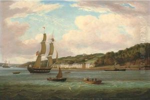 View Of Passage West On The River Lee, Co. Cork With Monkstown Castle In The Distance, A Mail Boat Arriving In The Foreground View Of Passage West On The River Lee, Co. Cork With Monkstown Castle In The Distance, A Mail Boat Arriving In The Foreground