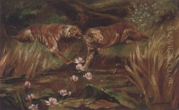 Tigers By A Lily Pond - view 1