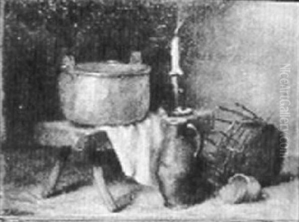 Still Life Crockery, Silver Pot, Basket And Candle - view 1