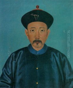 A Portrait Of A Chinese Man Wearing A Royal Blue Silk Coat With Gold Buttons And A Black Cap With Red Ornamentation
