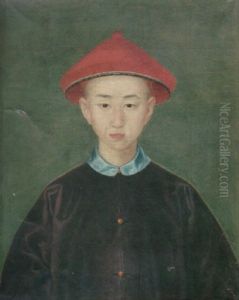 A Portrait Of A Young Boy Wearing A Red Hat With Black Silk Trim And A Purple Coat With A Blue Collar by Jean Denis Attiret